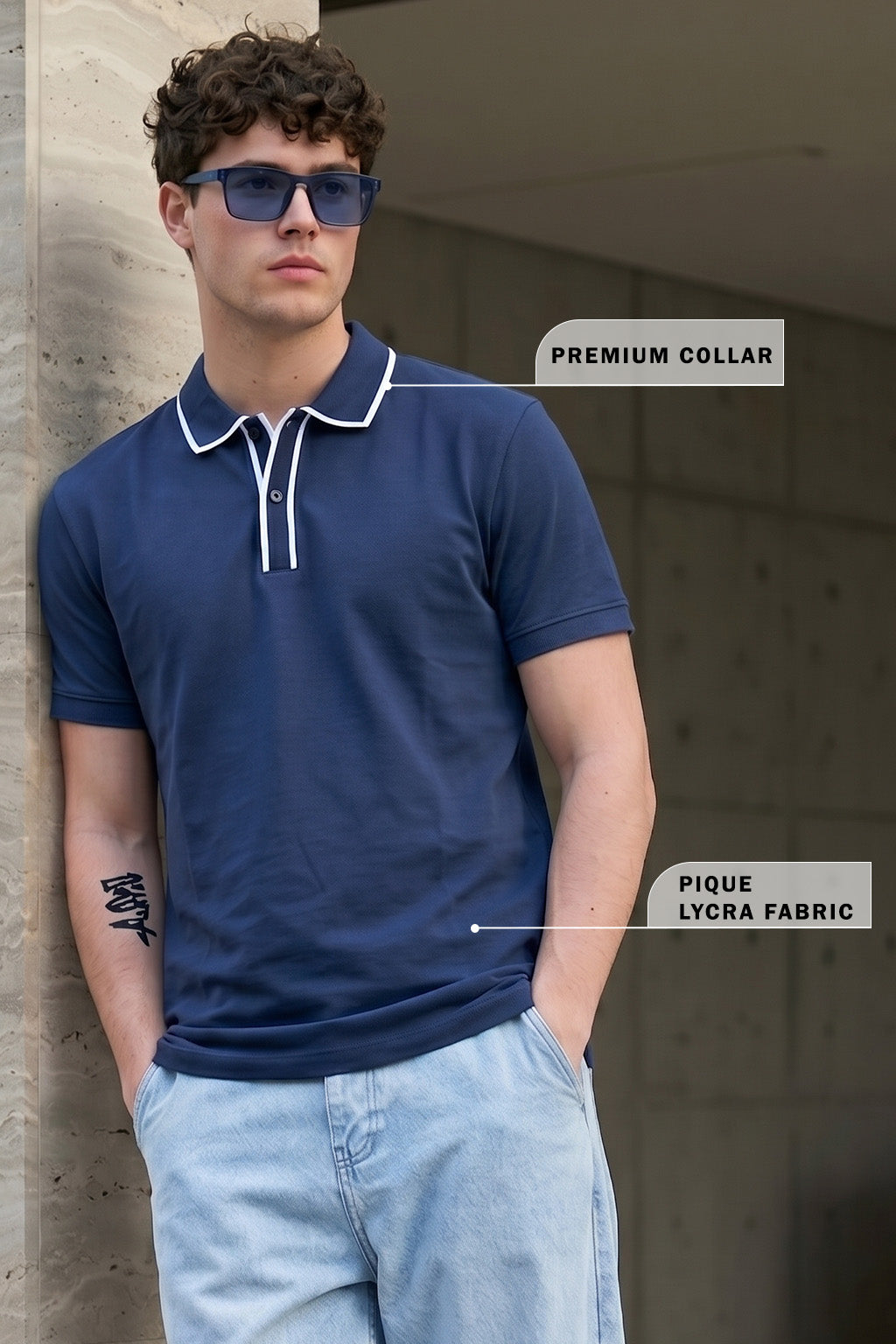 Navy Tipped Regular Fit Exclusive Pique Lycra Polo T-Shirt