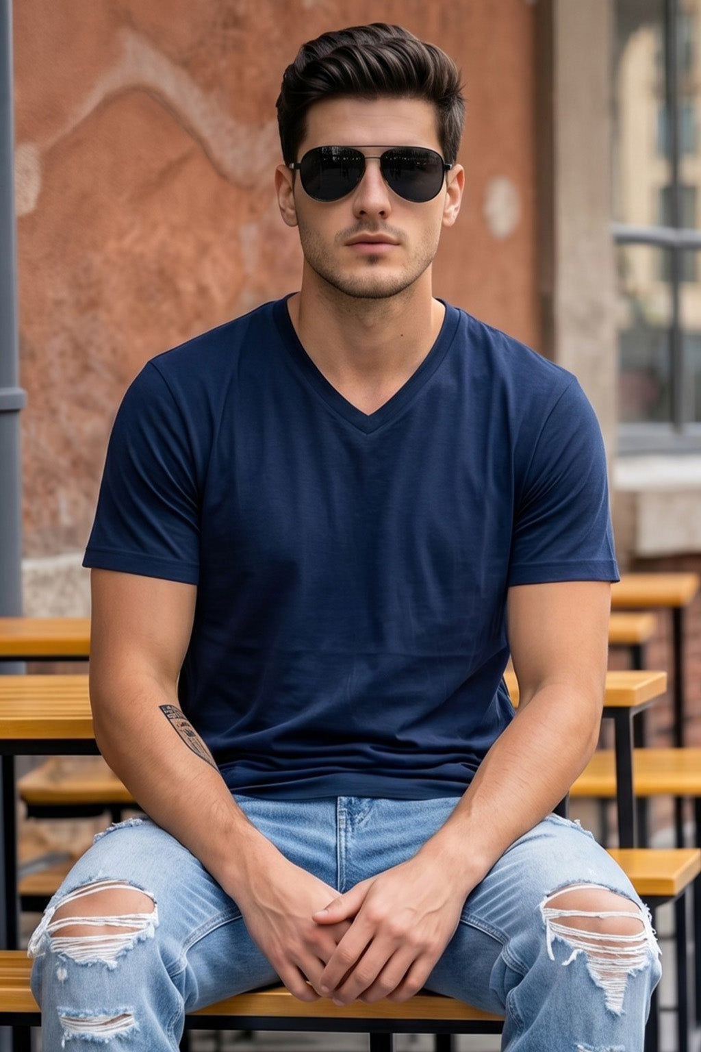 Navy Plain V-Neck Regular Fit T-shirt