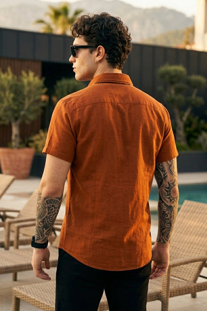 Rust Plain Regular Fit Half Sleeve Single Pocket Exclusive Shirt