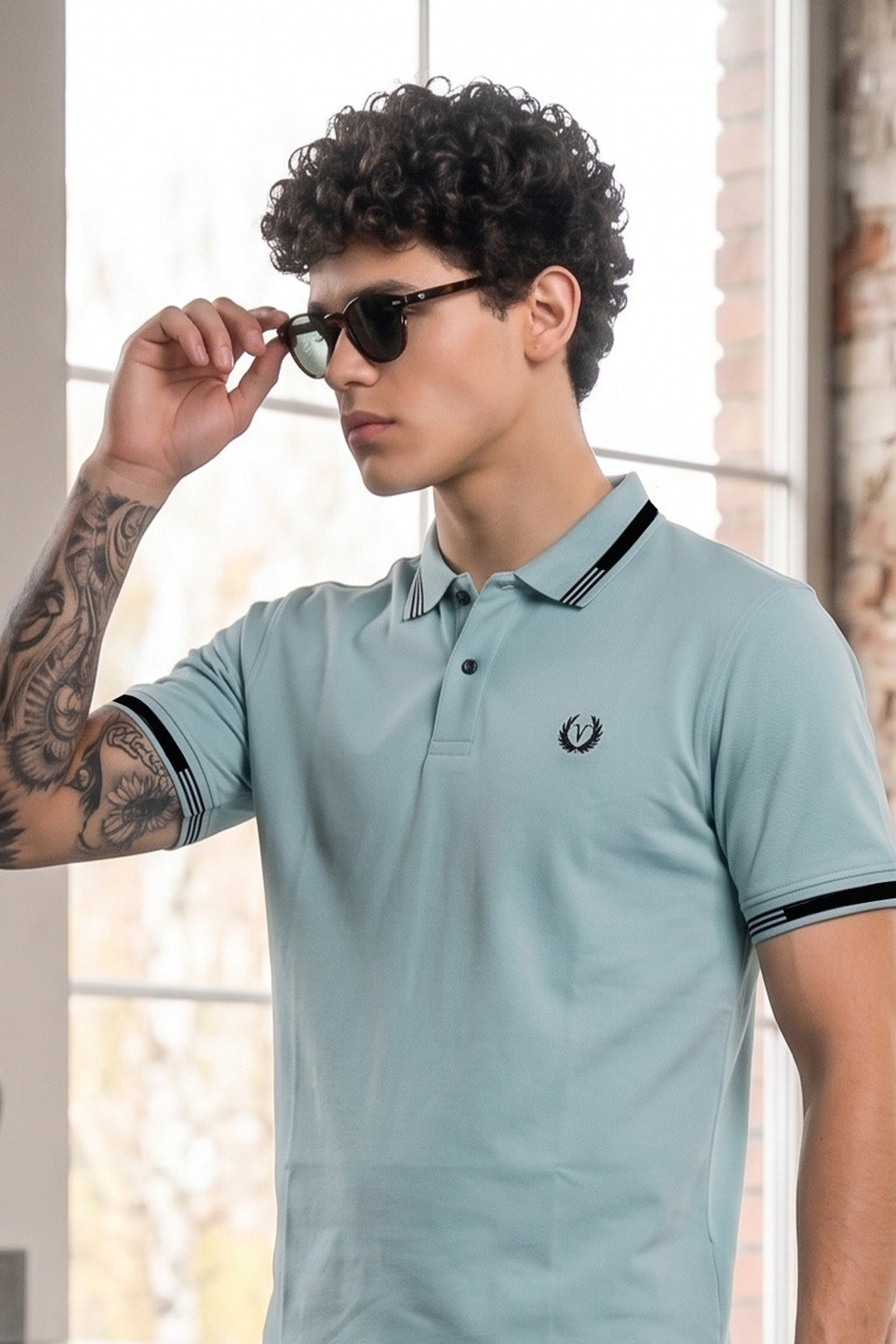 Imperial Crest Stripe Collar Light Blue Regular Fit Polo T-shirt