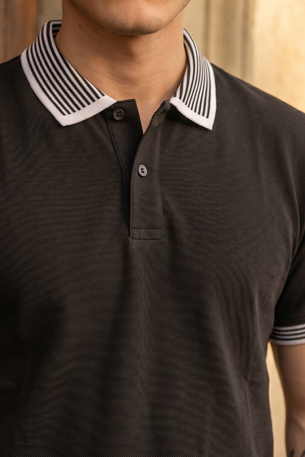 Black Stripped Collar Regular Fit Exclusive Pique Lycra Polo T-Shirt