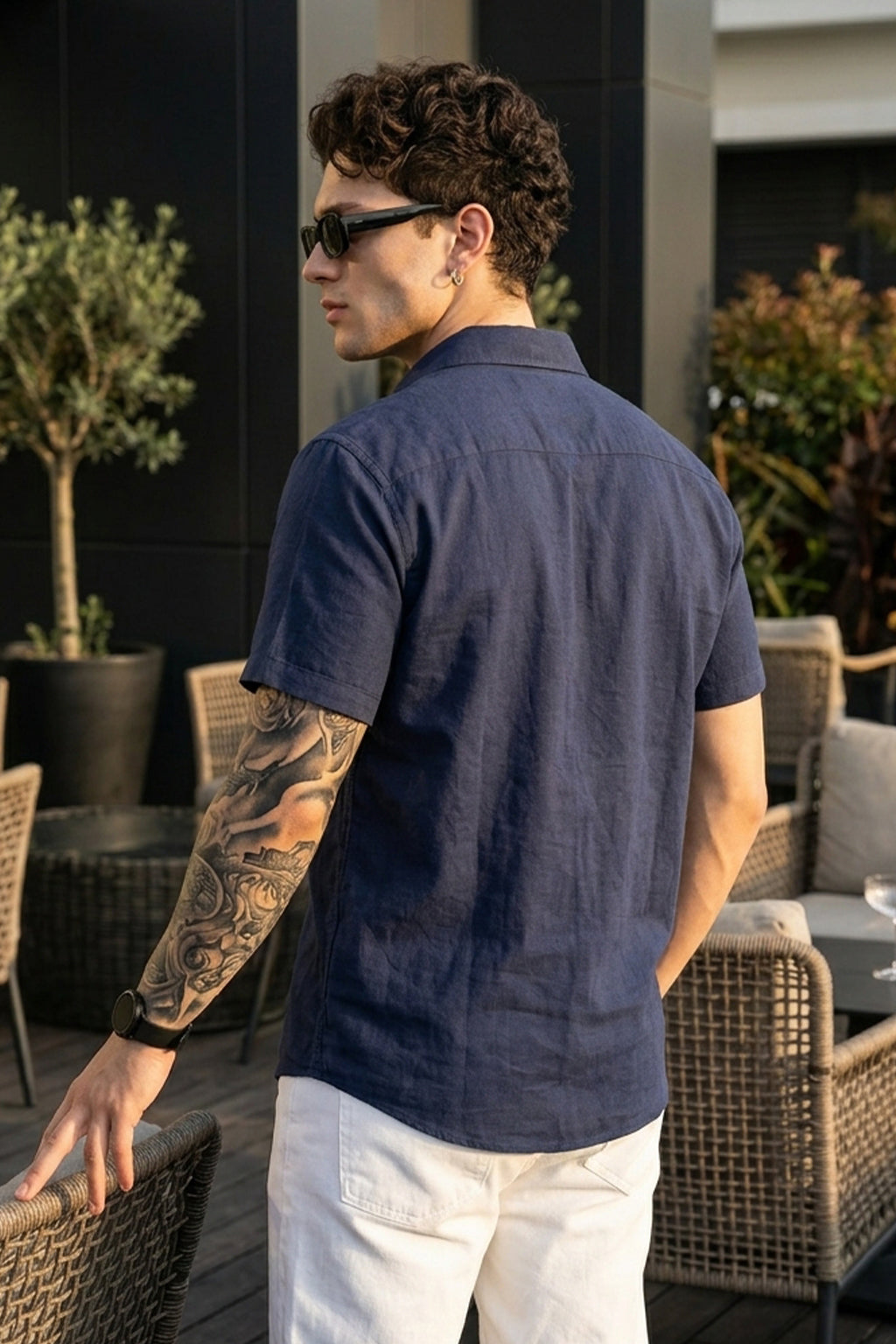 Navy Plain Regular Fit Half Sleeve Single Pocket Exclusive Shirt