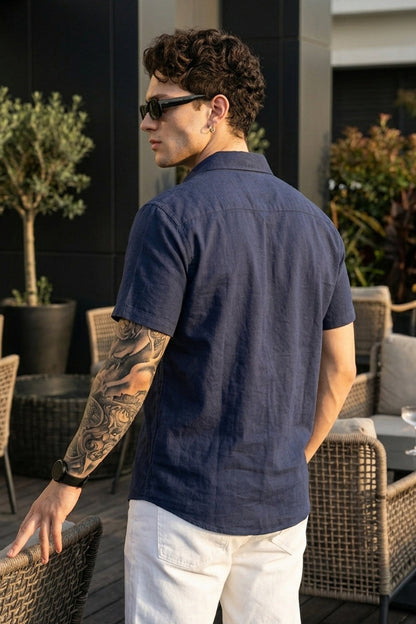 Navy Plain Regular Fit Half Sleeve Single Pocket Exclusive Shirt