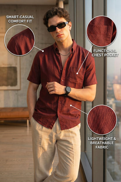 Maroon Plain Regular Fit Half Sleeve Single Pocket Exclusive Shirt