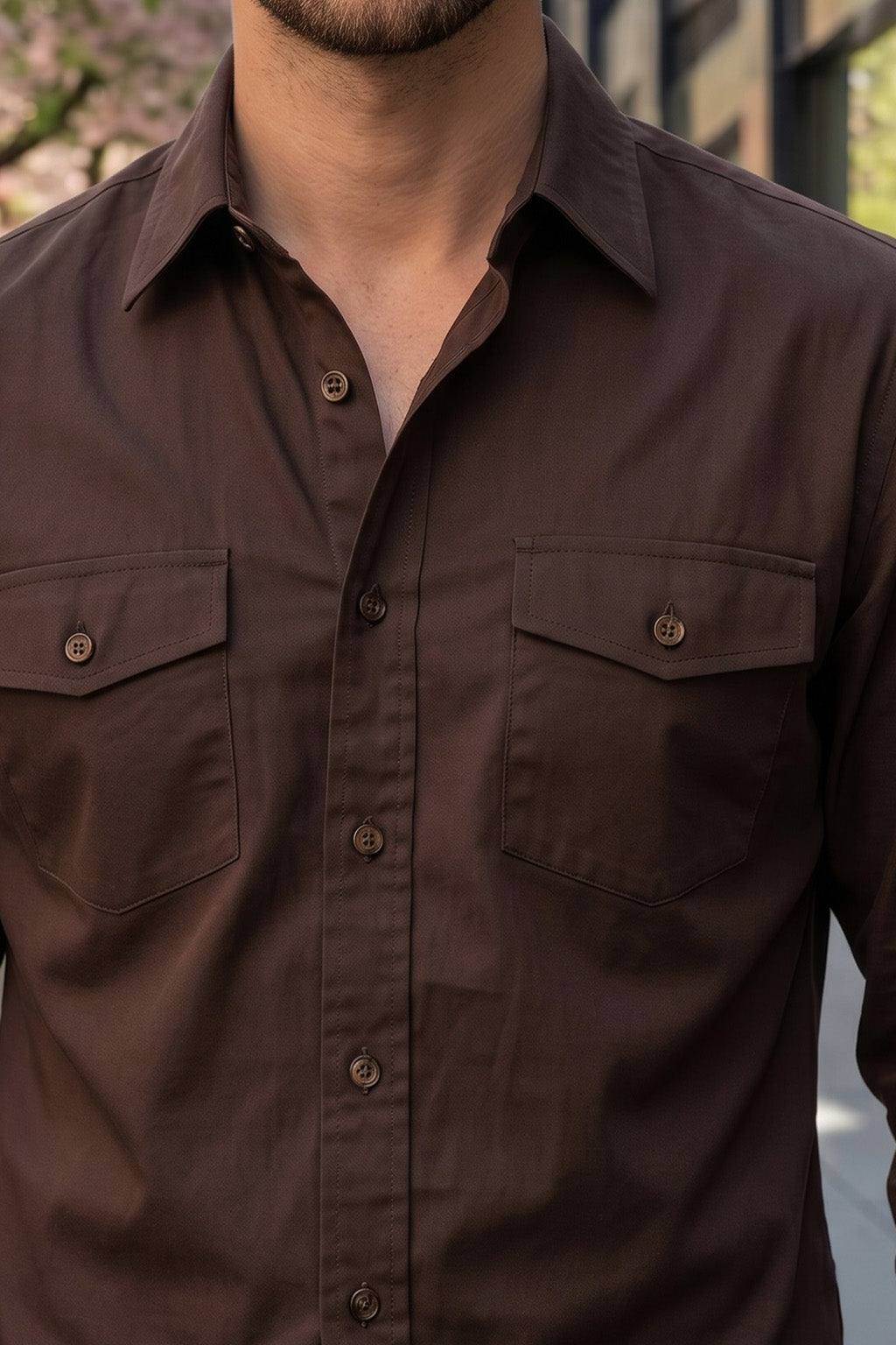 Chocolate Plain Relaxed Fit Full Sleeve Dual Pocket Utility Exclusive Shirt