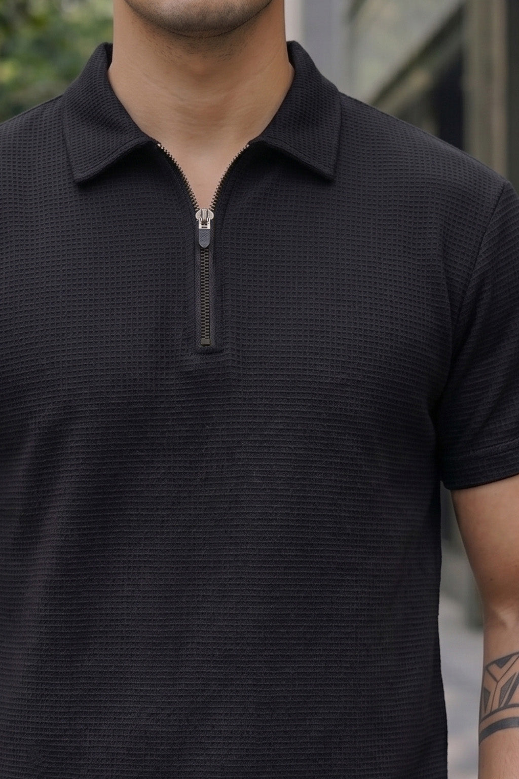 Black Plain Fortec Exclusive Zipper Polo T-Shirt