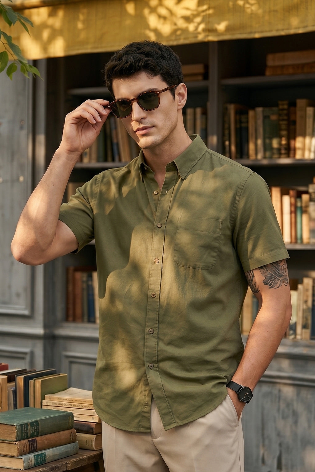 Olive Plain Regular Fit Half Sleeve Single Pocket Exclusive Shirt