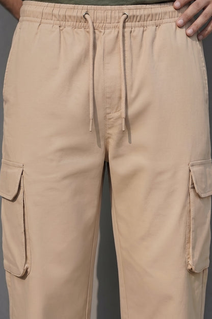 Beige Relaxed Fit Nylon Exclusive Utility Cargo Jogger