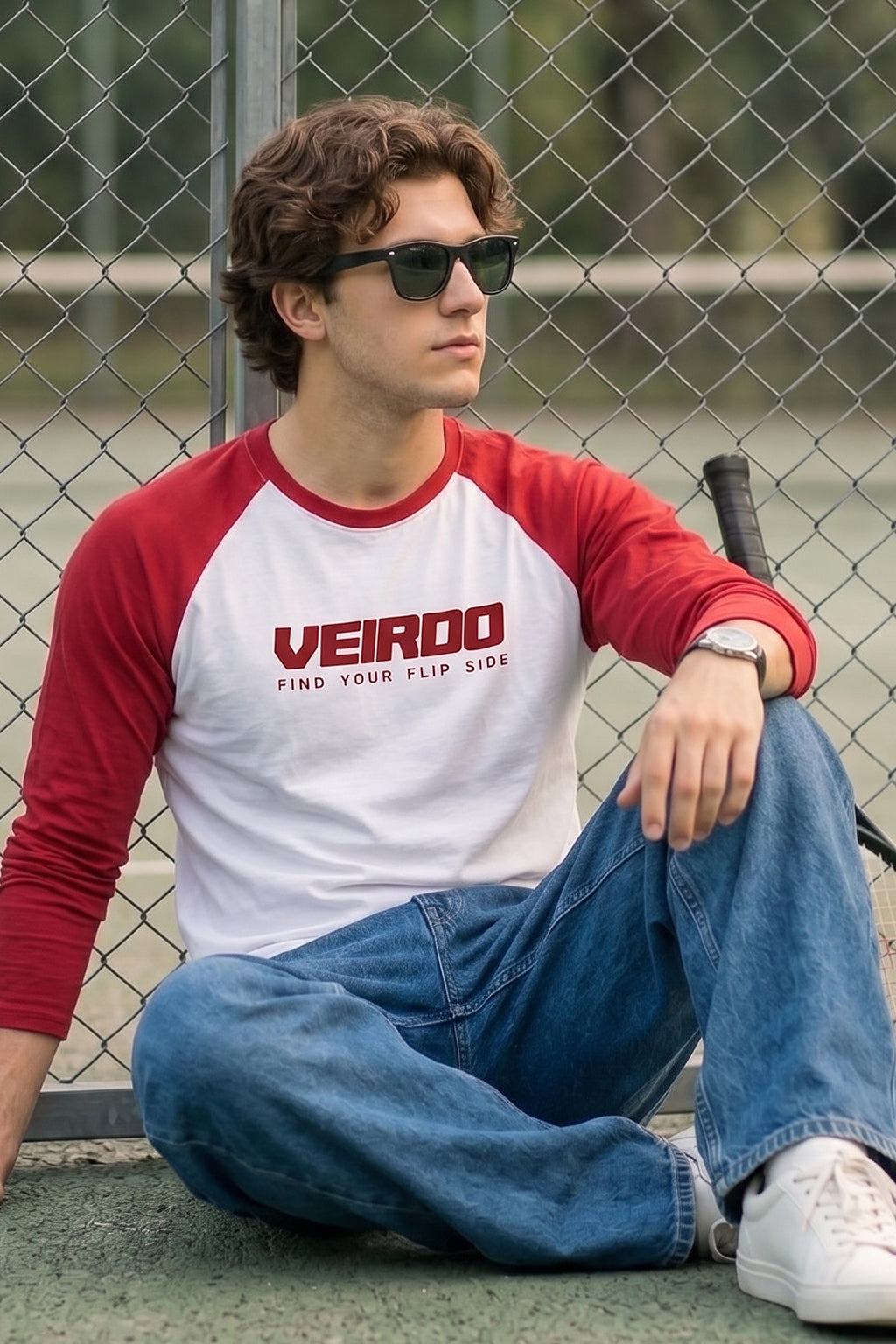 Veirdo White & Red Raglan Full Sleeve Printed T-shirt