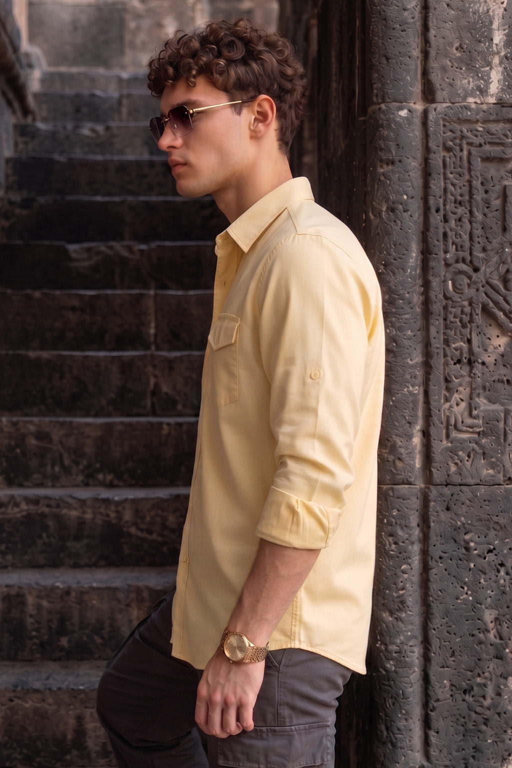 Double Cream Plain Relaxed Fit Full Sleeve Dual Pocket Utility Exclusive Shirt