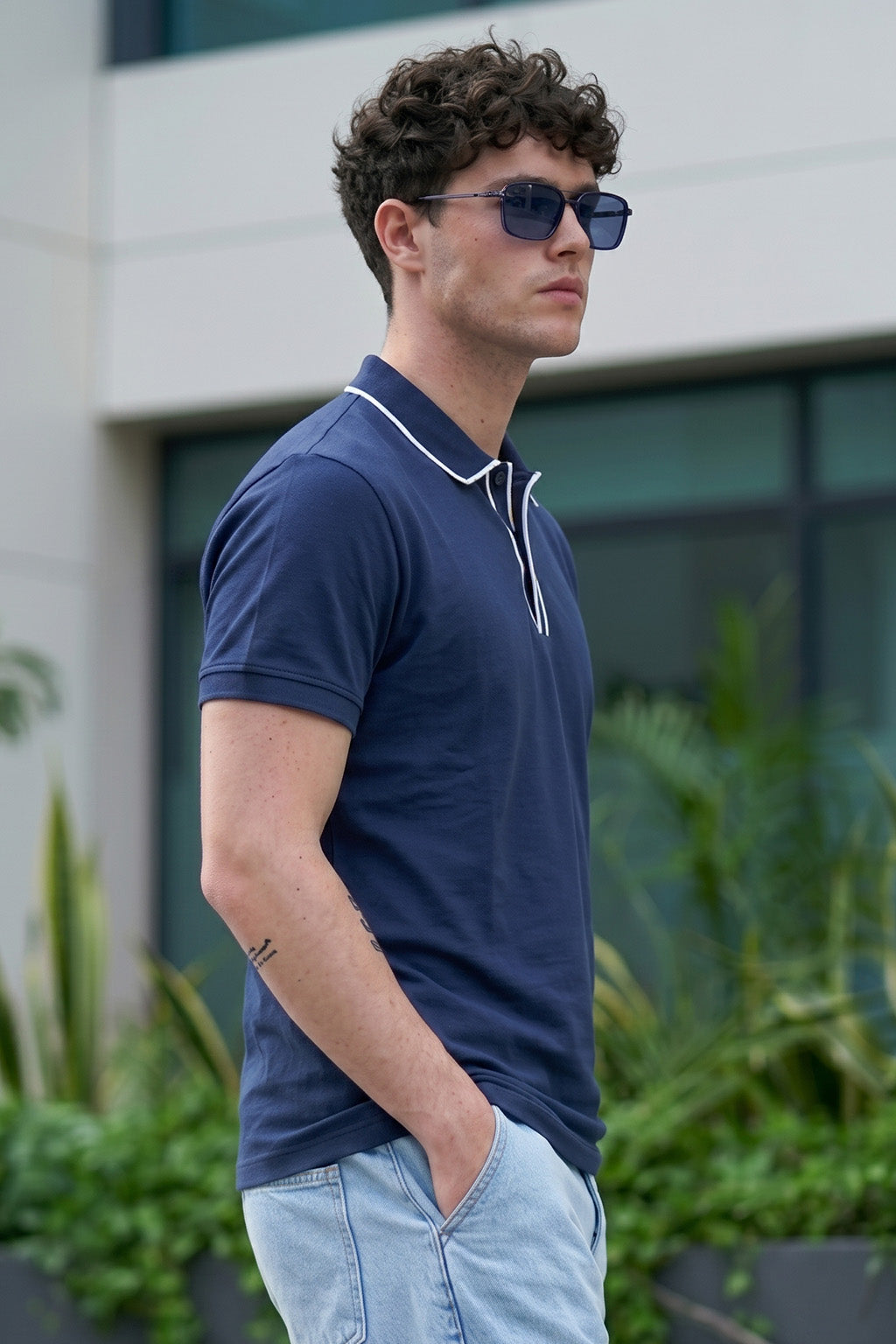 Navy Tipped Regular Fit Exclusive Pique Lycra Polo T-Shirt