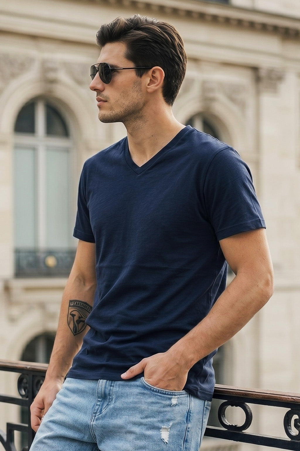 Navy Plain V-Neck Regular Fit T-shirt