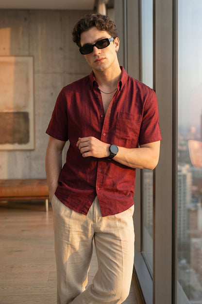 Maroon Plain Regular Fit Half Sleeve Single Pocket Exclusive Shirt