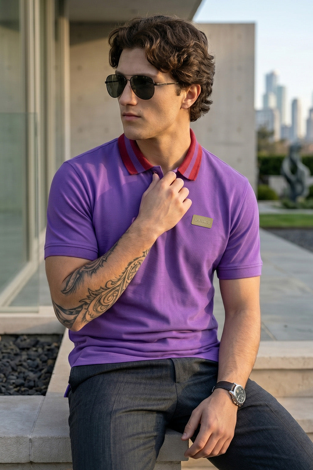 Blue Iris Contrast Collar Regular Fit Exclusive Pique Lycra Polo T-Shirt
