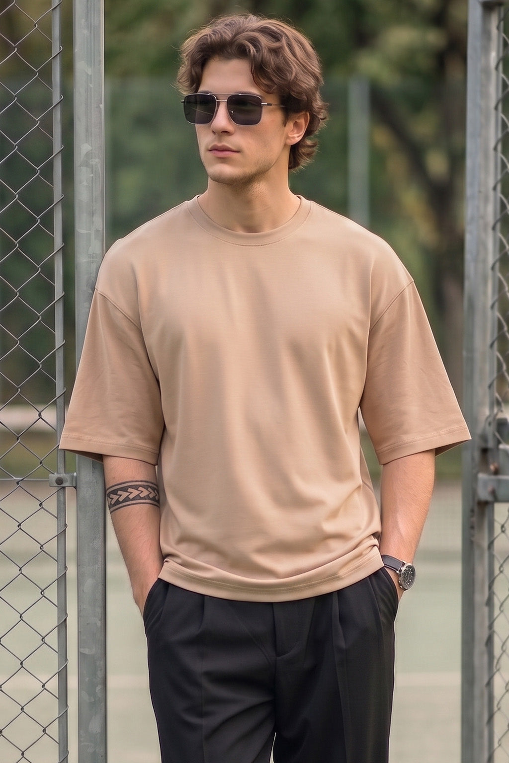 Beige Plain Oversized T-shirt