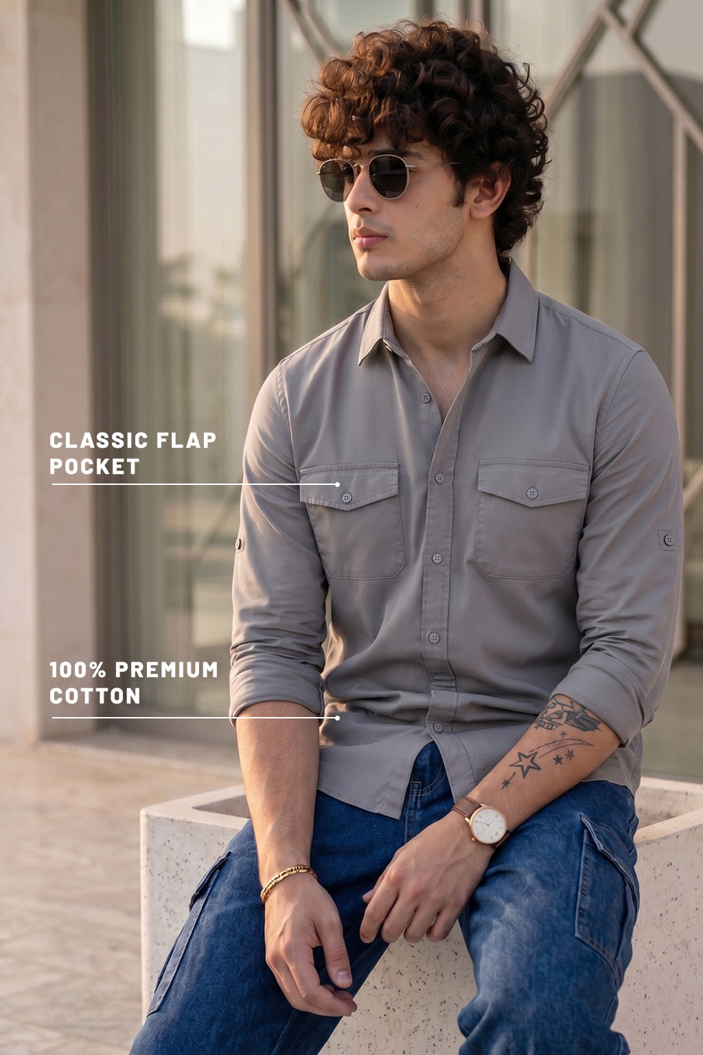 Dark Grey Plain Relaxed Fit Full Sleeve Dual Pocket Utility Exclusive Shirt