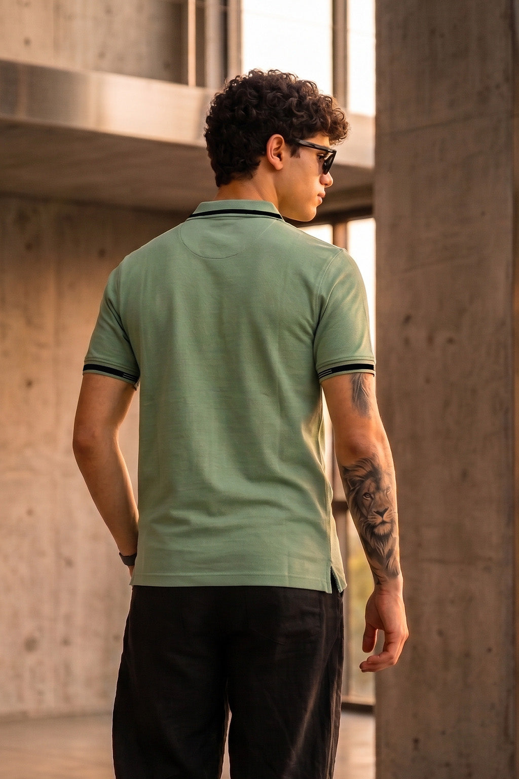 Imperial Crest Stripe Collar Sage Green Regular Fit Polo T-shirt