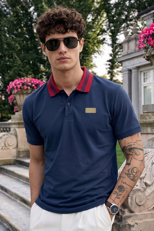 Navy Contrast Collar Regular Fit Exclusive Pique Lycra Polo T-Shirt