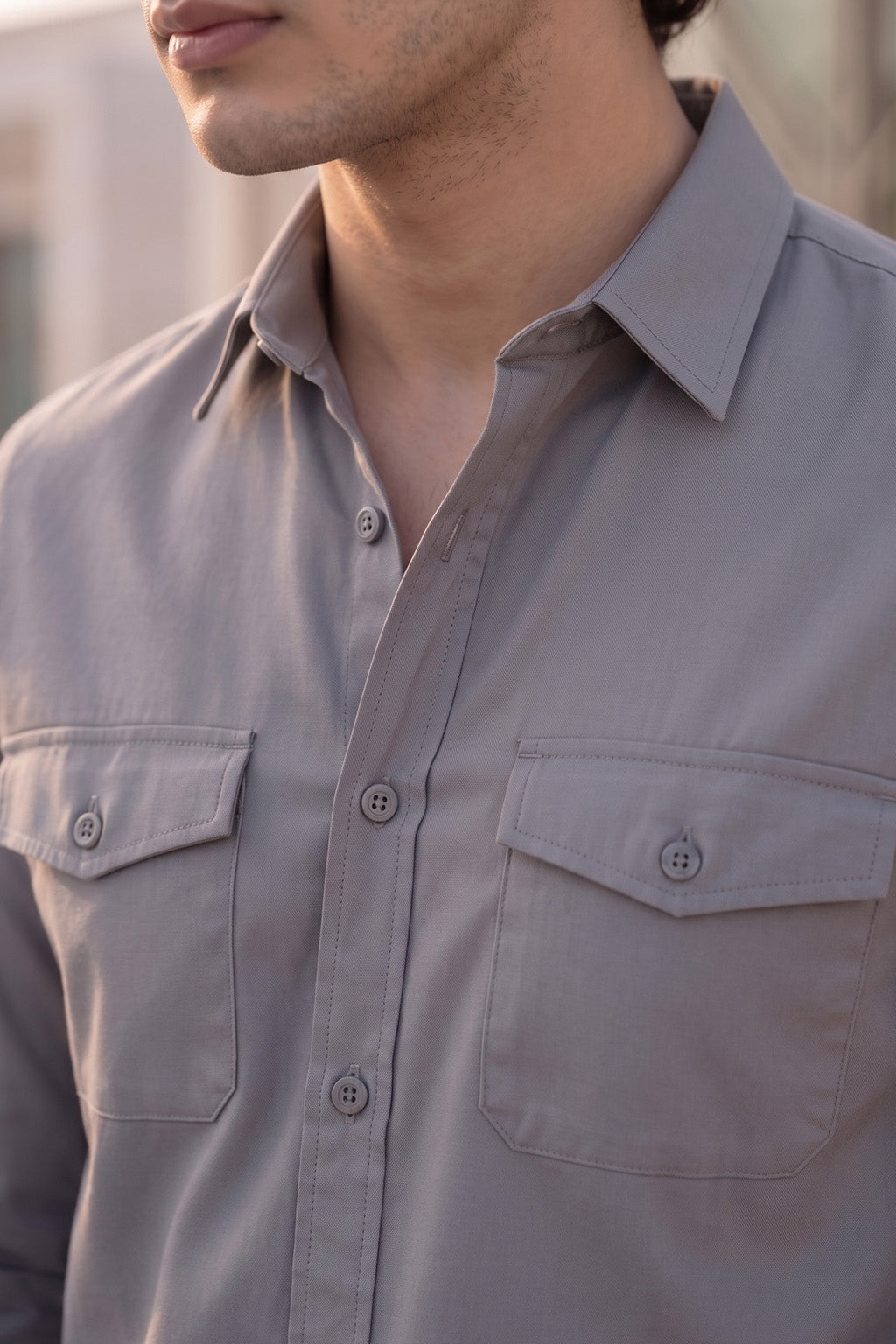 Dark Grey Plain Relaxed Fit Full Sleeve Dual Pocket Utility Exclusive Shirt