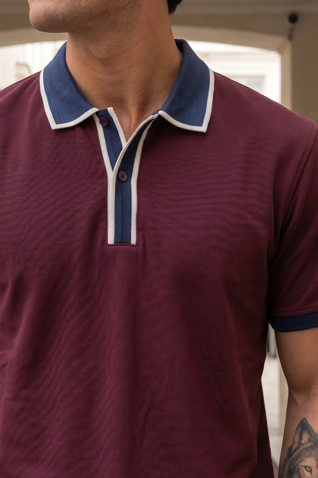 Maroon Tipped Regular Fit Exclusive Pique Lycra Polo T-Shirt