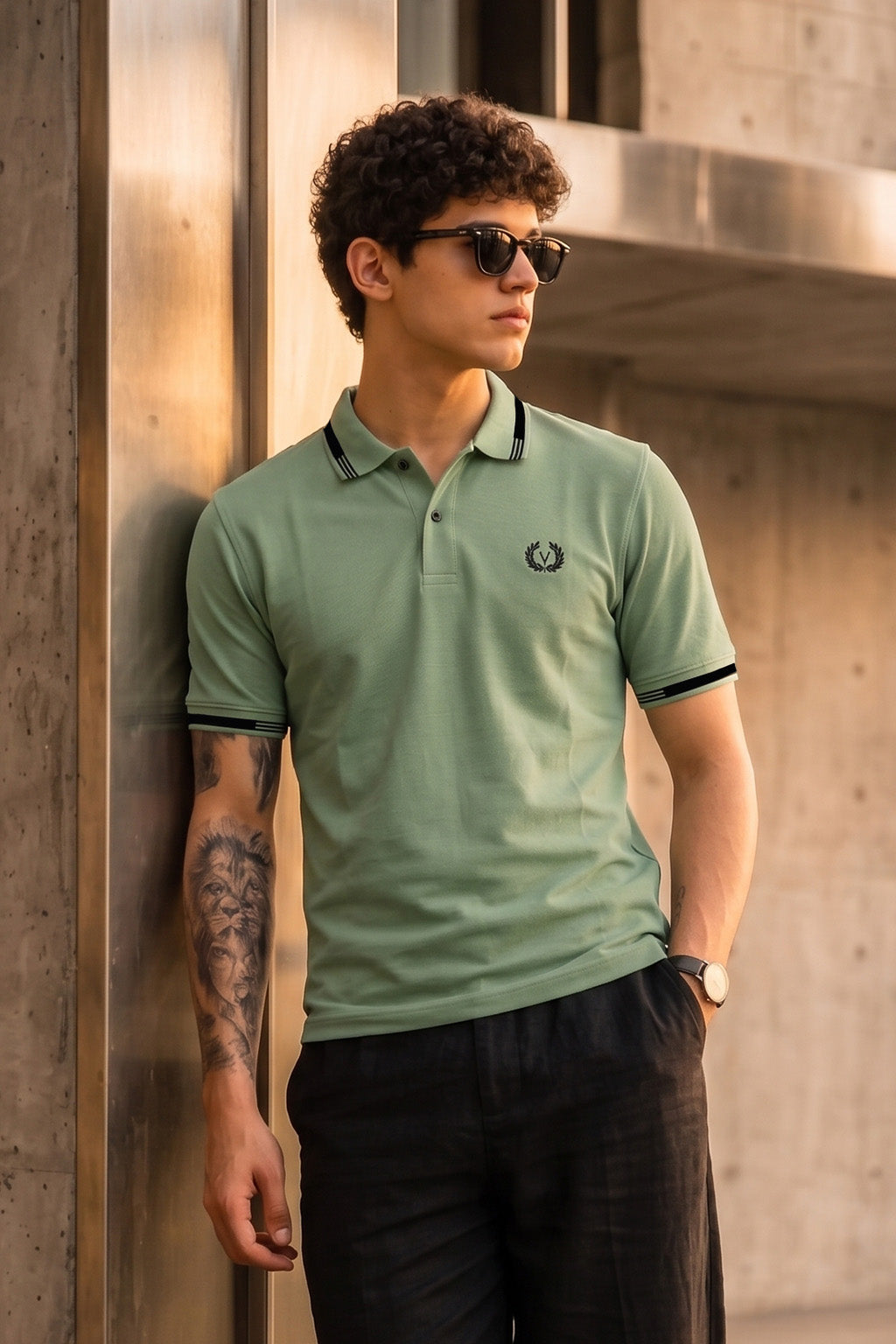 Imperial Crest Stripe Collar Sage Green Regular Fit Polo T-shirt