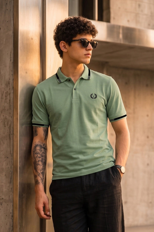 Imperial Crest Stripe Collar Sage Green Regular Fit Polo T-shirt