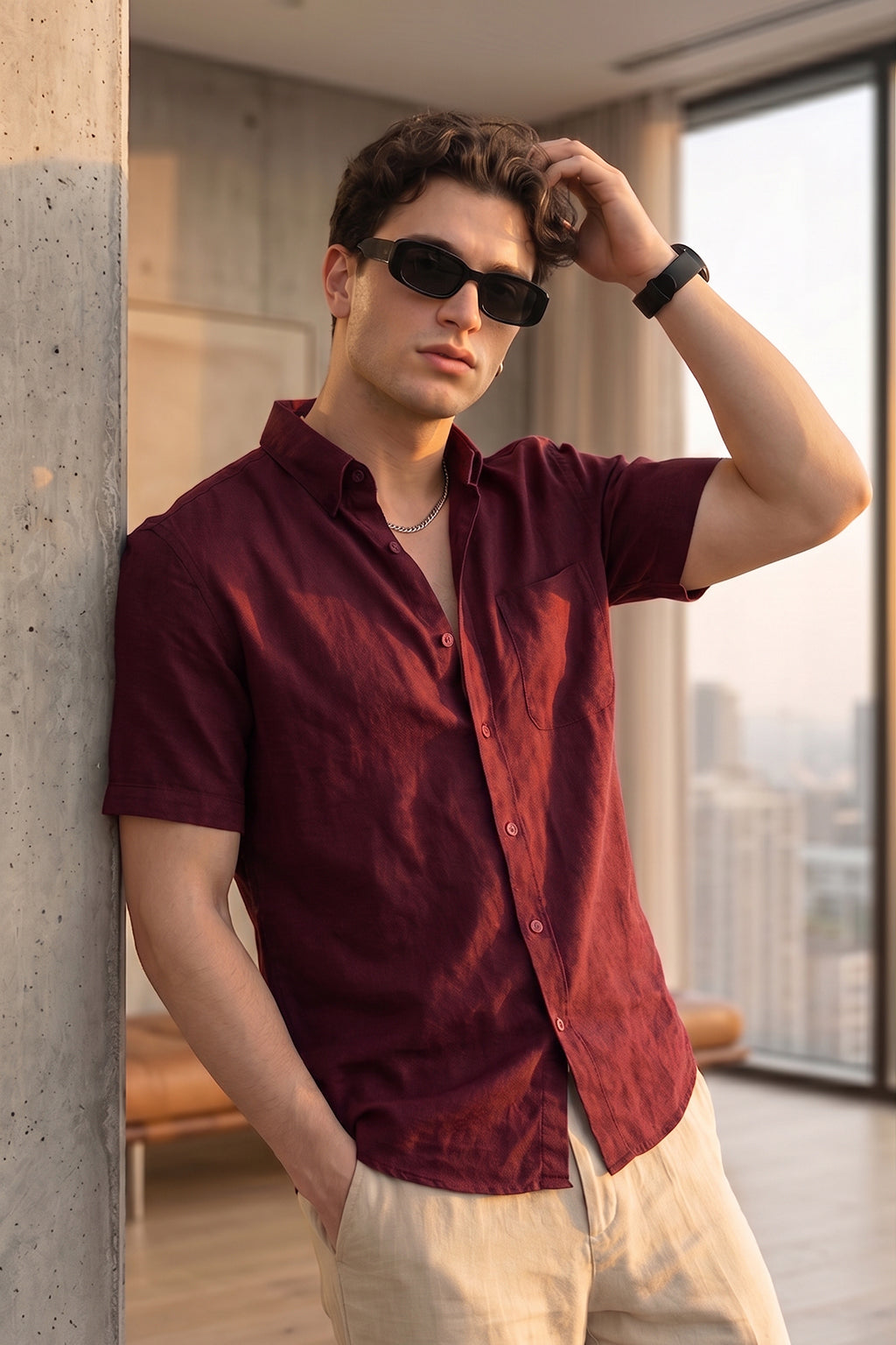 Maroon Plain Regular Fit Half Sleeve Single Pocket Exclusive Shirt
