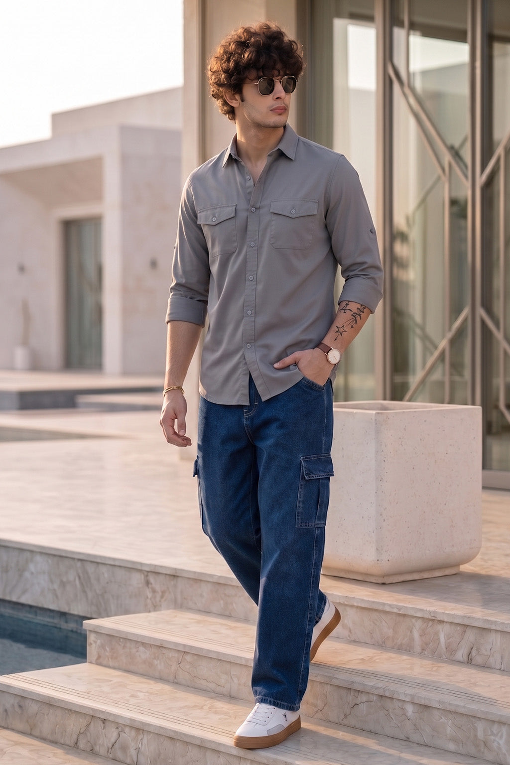 Dark Grey Plain Relaxed Fit Full Sleeve Dual Pocket Utility Exclusive Shirt