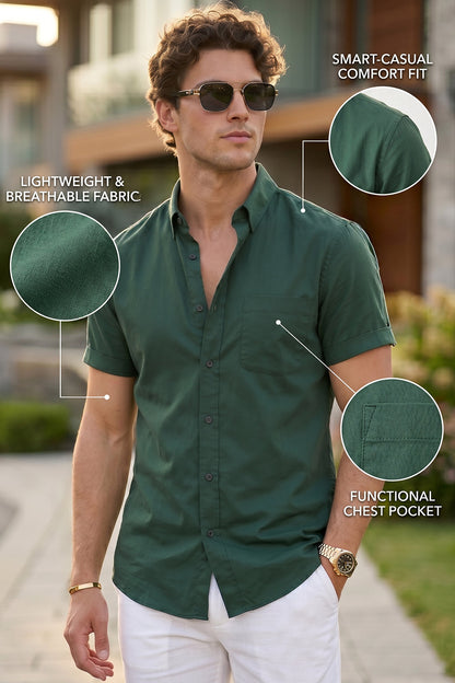 Green Plain Regular Fit Half Sleeve Single Pocket Exclusive Shirt