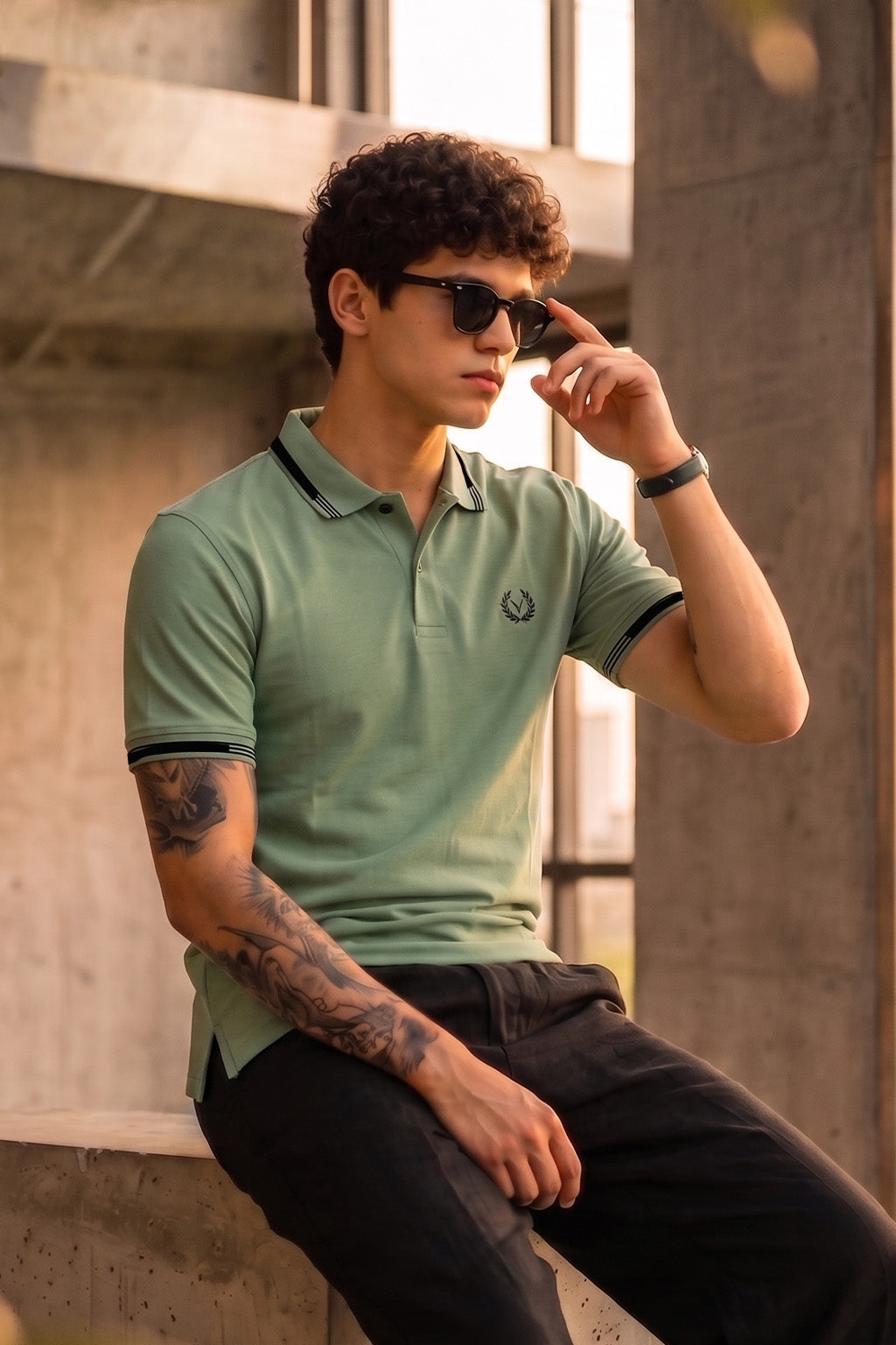 Imperial Crest Stripe Collar Sage Green Regular Fit Polo T-shirt