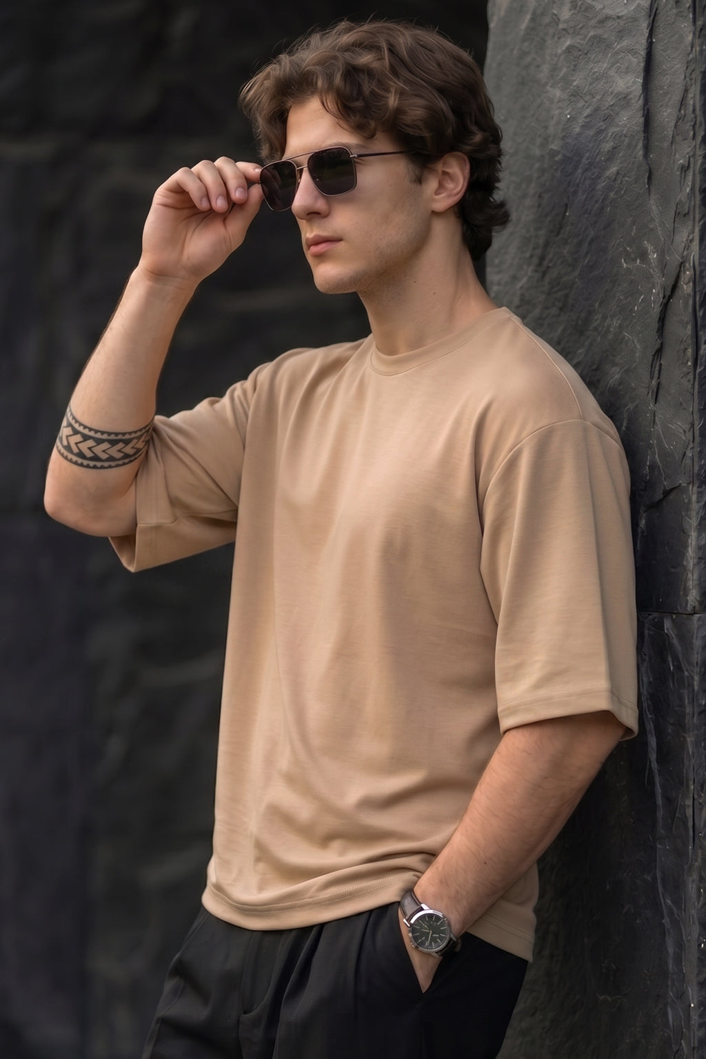 Beige Plain Oversized T-shirt