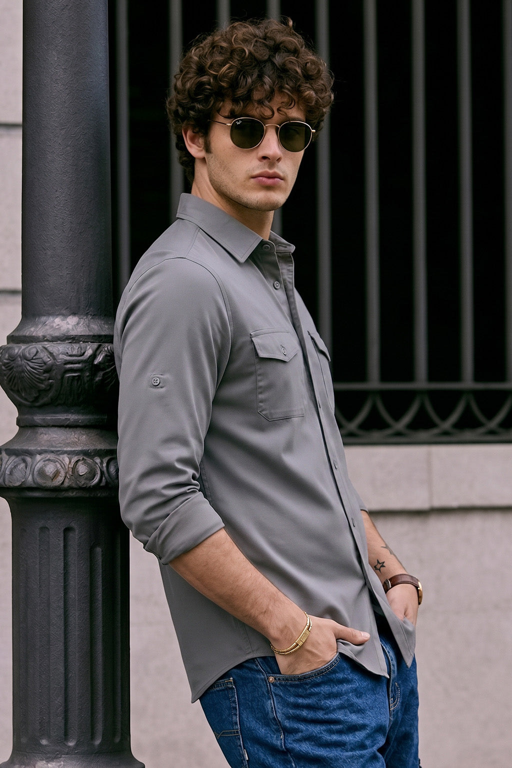 Dark Grey Plain Relaxed Fit Full Sleeve Dual Pocket Utility Exclusive Shirt