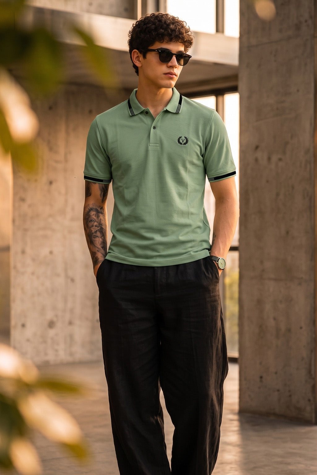 Imperial Crest Stripe Collar Sage Green Regular Fit Polo T-shirt