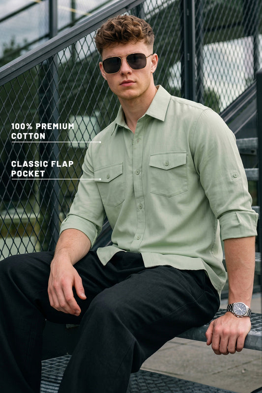 Smoke Green Plain Relaxed Fit Full Sleeve Dual Pocket Utility Exclusive Shirt