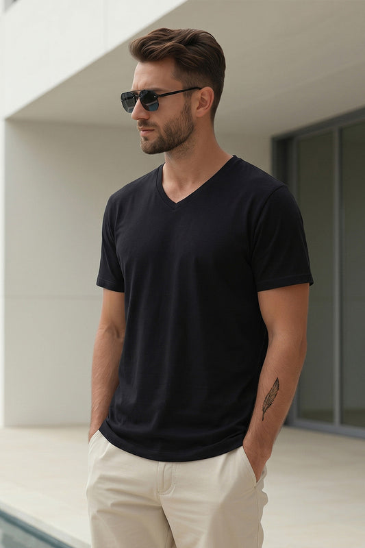 Black Plain V-Neck Regular Fit T-shirt
