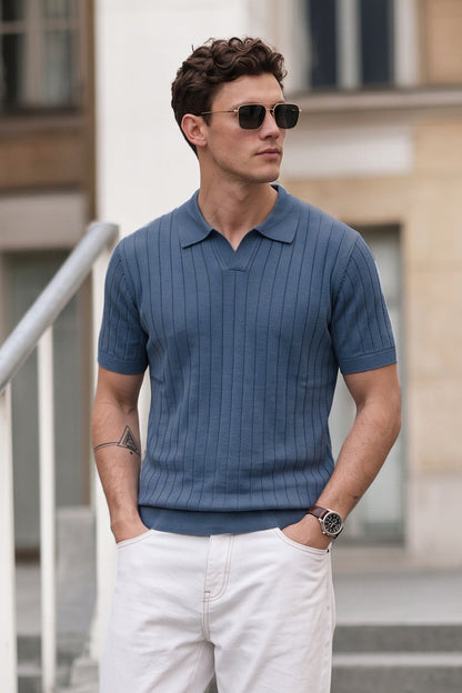 Blue Ribbed Flatknit Textured Regular Fit Exclusive Polo T-Shirt