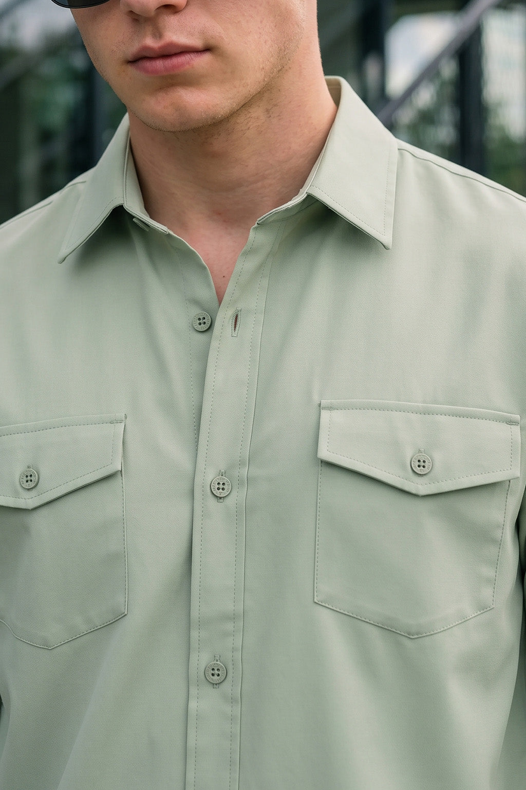 Smoke Green Plain Relaxed Fit Full Sleeve Dual Pocket Utility Exclusive Shirt