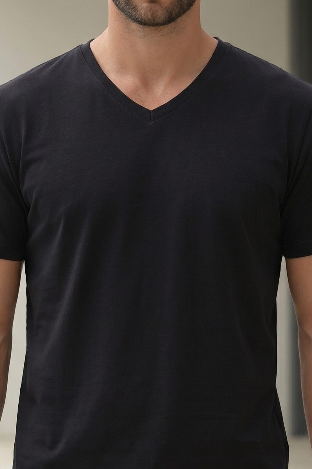 Black Plain V-Neck Regular Fit T-shirt