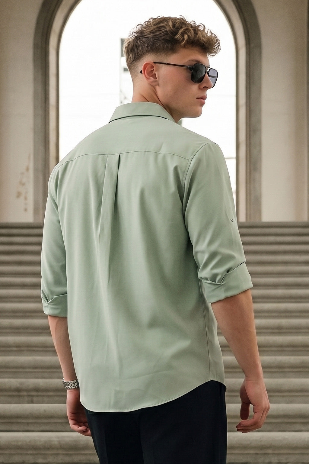 Smoke Green Plain Relaxed Fit Full Sleeve Dual Pocket Utility Exclusive Shirt