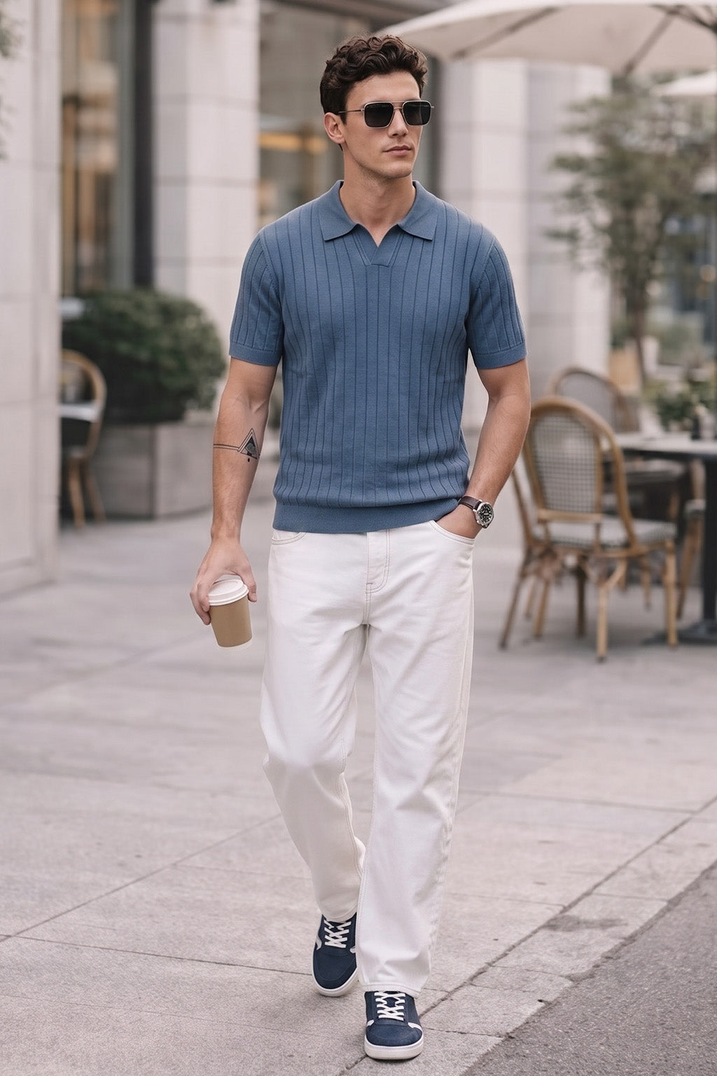 Blue Ribbed Flatknit Textured Regular Fit Exclusive Polo T-Shirt