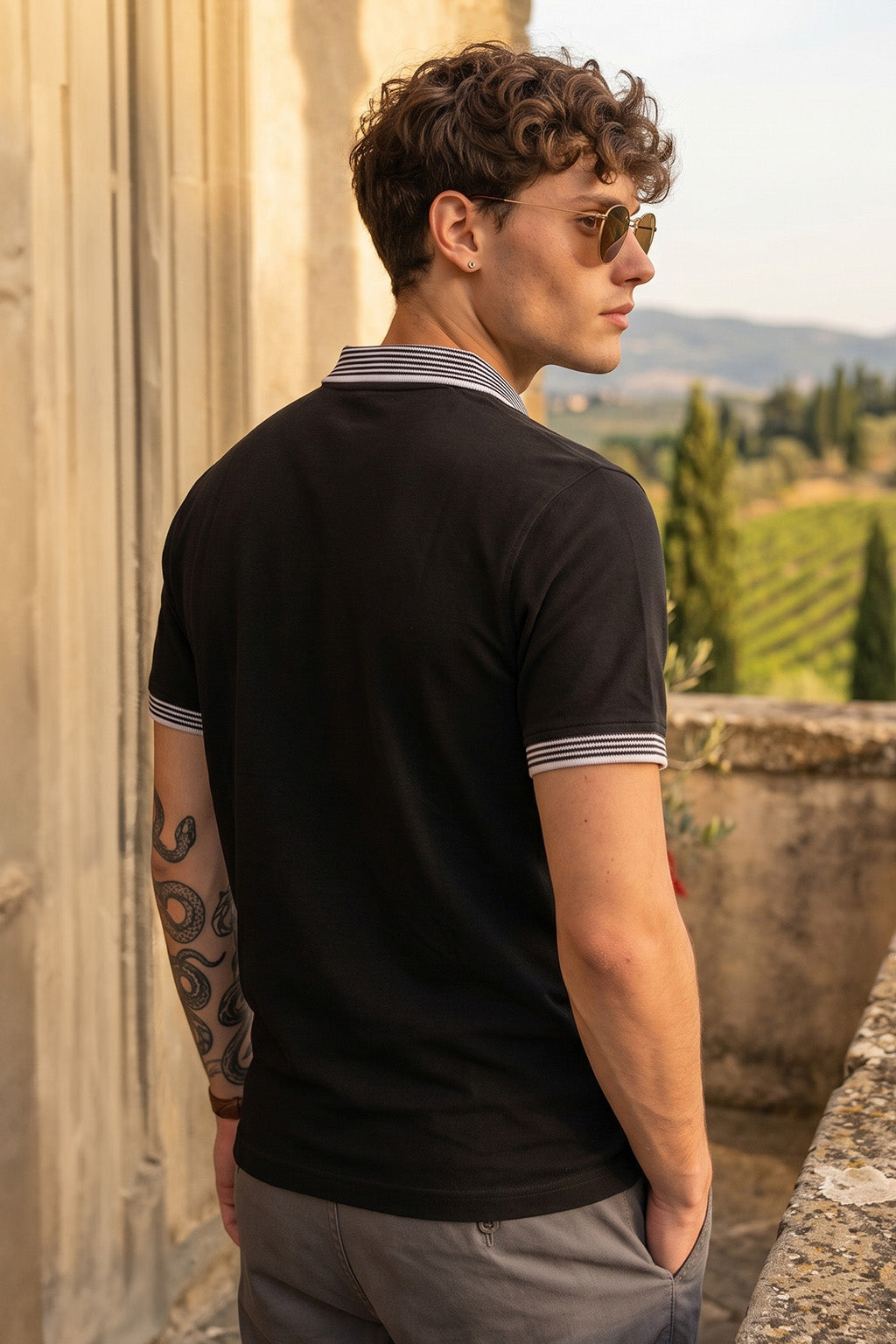 Black Stripped Collar Regular Fit Exclusive Pique Lycra Polo T-Shirt