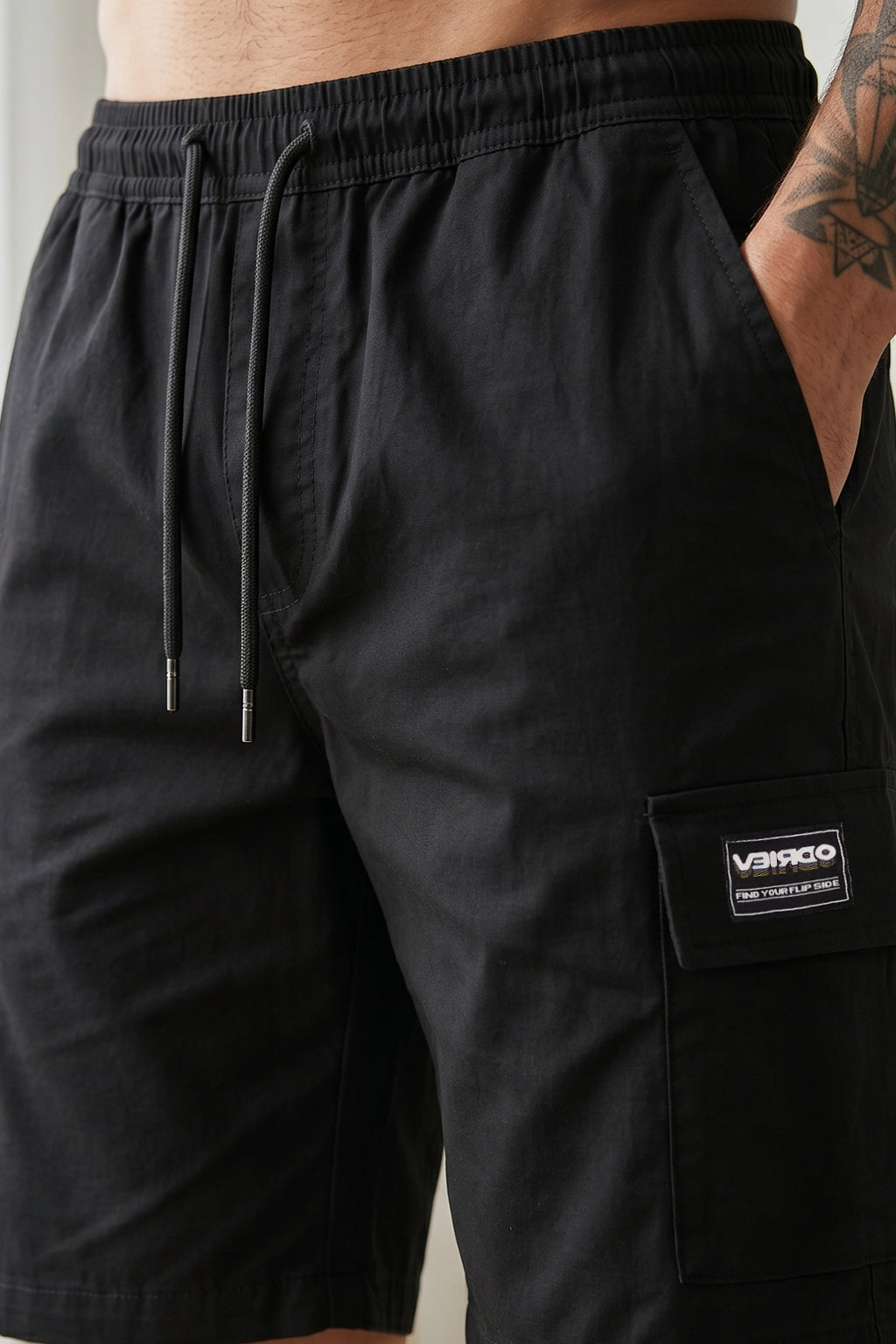 Veirdo Black Minimal Cargo Shorts with Drawstring