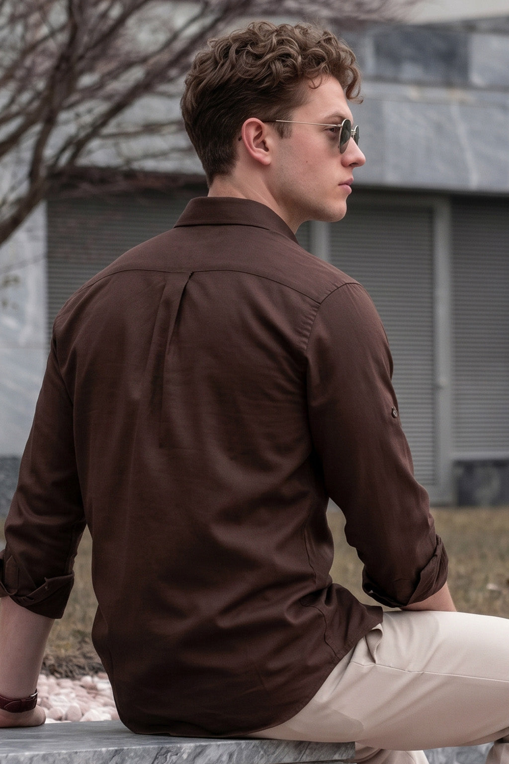 Chocolate Plain Relaxed Fit Full Sleeve Dual Pocket Utility Exclusive Shirt