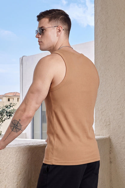 Beige Plain Regular FIt Gym Vest