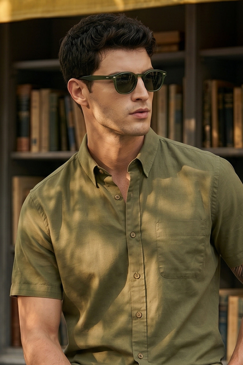 Olive Plain Regular Fit Half Sleeve Single Pocket Exclusive Shirt