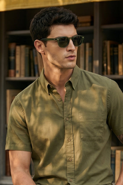 Olive Plain Regular Fit Half Sleeve Single Pocket Exclusive Shirt