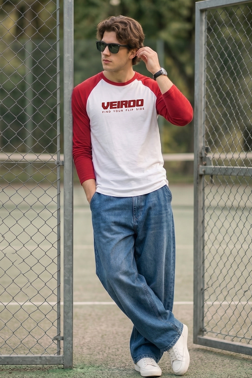 Veirdo White & Red Raglan Full Sleeve Printed T-shirt