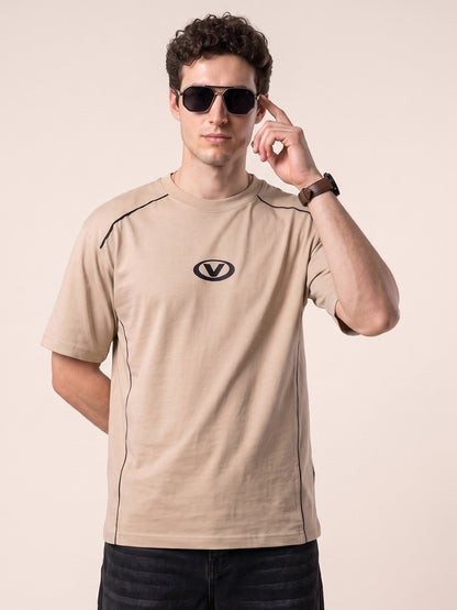 Athletic Essentials Beige Oversized Graphic Printed T-shirt