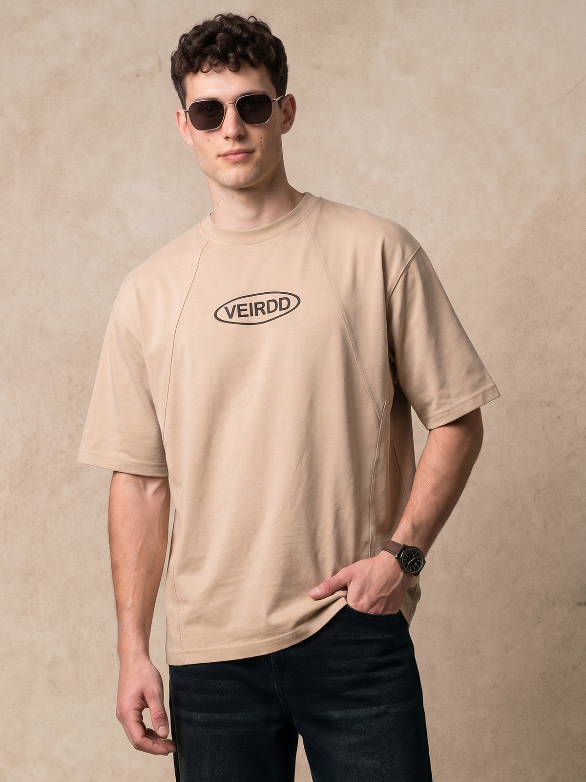 Veirdo Signature Beige Oversized Graphic Printed T-shirt