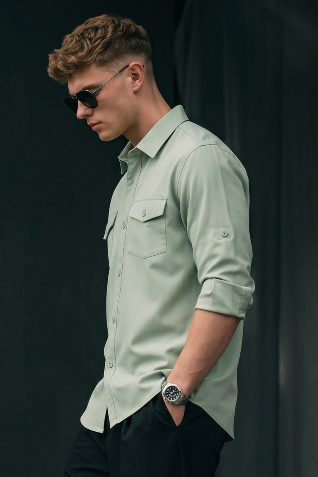 Smoke Green Plain Relaxed Fit Full Sleeve Dual Pocket Utility Exclusive Shirt